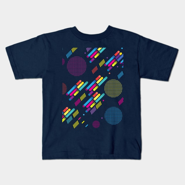 Abstract Dynamic Geometric Composition Contemporary Art. Modern Multi Colored, Minimalist Design. Yellow, Red, Navy Blue, Green Purple Colors Memphis Decorative Elements Patern, Hipster, Futuristic Concept. Kids T-Shirt by sofiartmedia